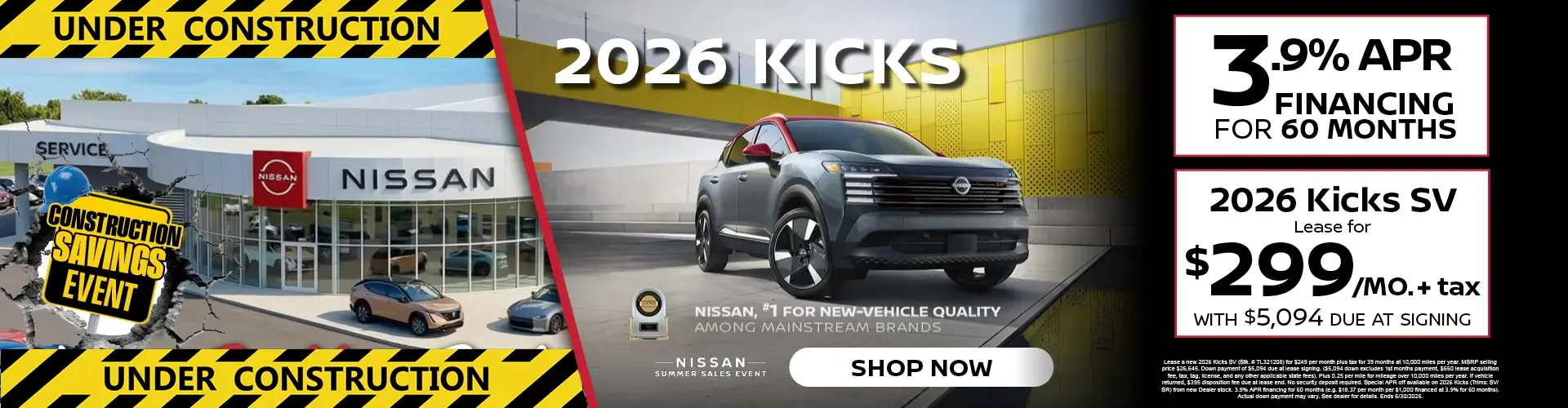Bella Nissan of Venice 2026 Kicks with 3.9 percent financing for 60 months or lease the Kicks SV for $299 per month.
